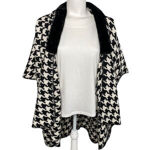 LOFT Cardigan‎ Wrap Women's MEDIUM Black White Faux-Fur Collar Draped NWOT